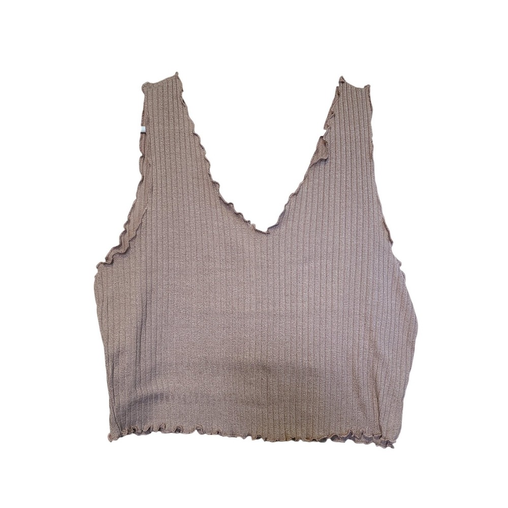 Shein Ribbed Brown Crop Tank Womens XL Stetch V-Neck Lettuce Hem Neutral Basic